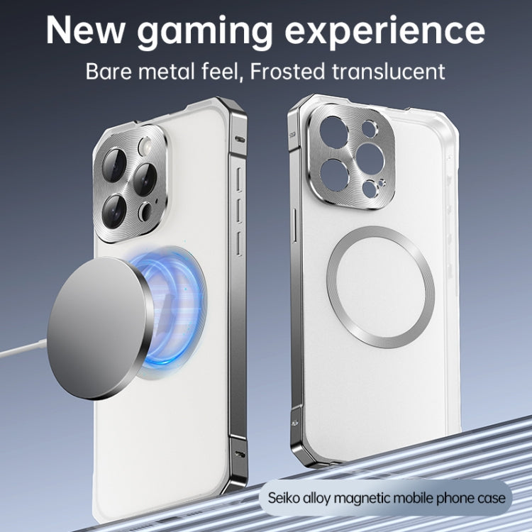 For iPhone 16 Irregular Alloy Frame Fosted Translucent MagSafe Phone Case