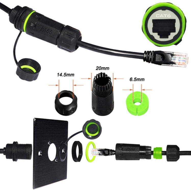 25cm RJ45 8P8C Male to Female IP68 CAT6 Ethernet Connector - Black