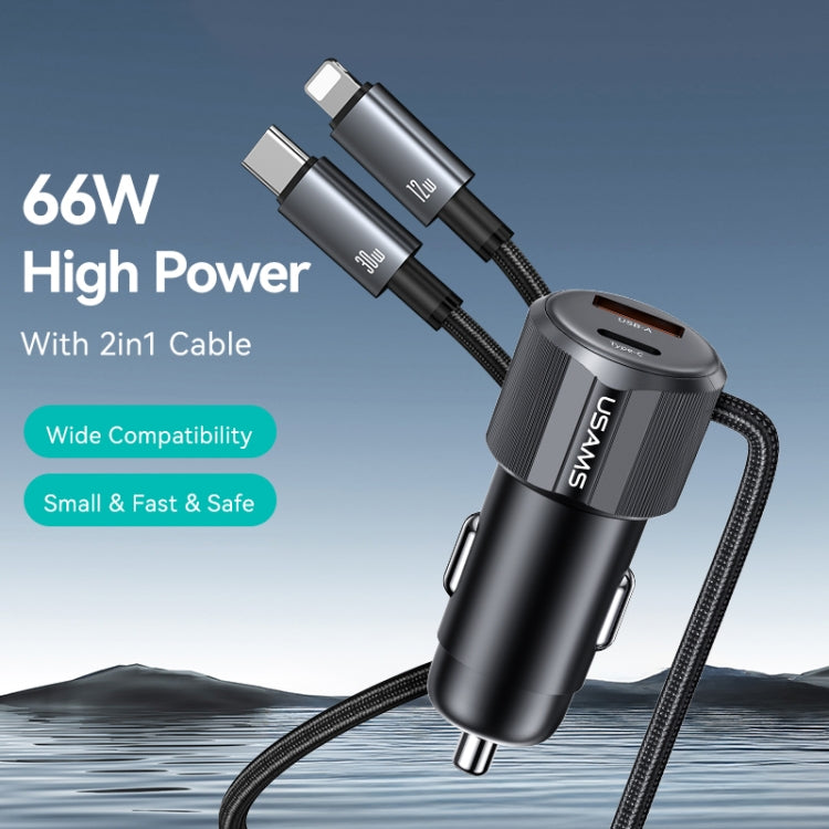 USAMS CC287 YT Series 66W USB and Type-C Dual Ports Car Fast Charger with 2 in 1 Cable - Black