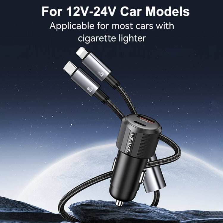 USAMS CC287 YT Series 66W USB and Type-C Dual Ports Car Fast Charger with 2 in 1 Cable - Black