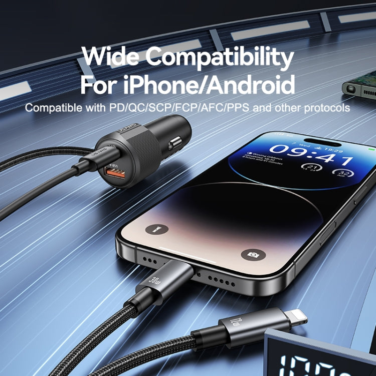 USAMS CC287 YT Series 66W USB and Type-C Dual Ports Car Fast Charger with 2 in 1 Cable - Black