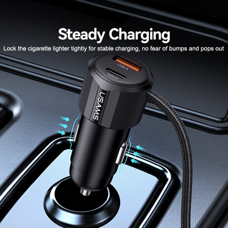 USAMS CC287 YT Series 66W USB and Type-C Dual Ports Car Fast Charger with 2 in 1 Cable - Black