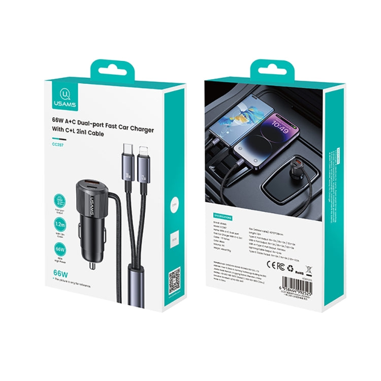 USAMS CC287 YT Series 66W USB and Type-C Dual Ports Car Fast Charger with 2 in 1 Cable - Black