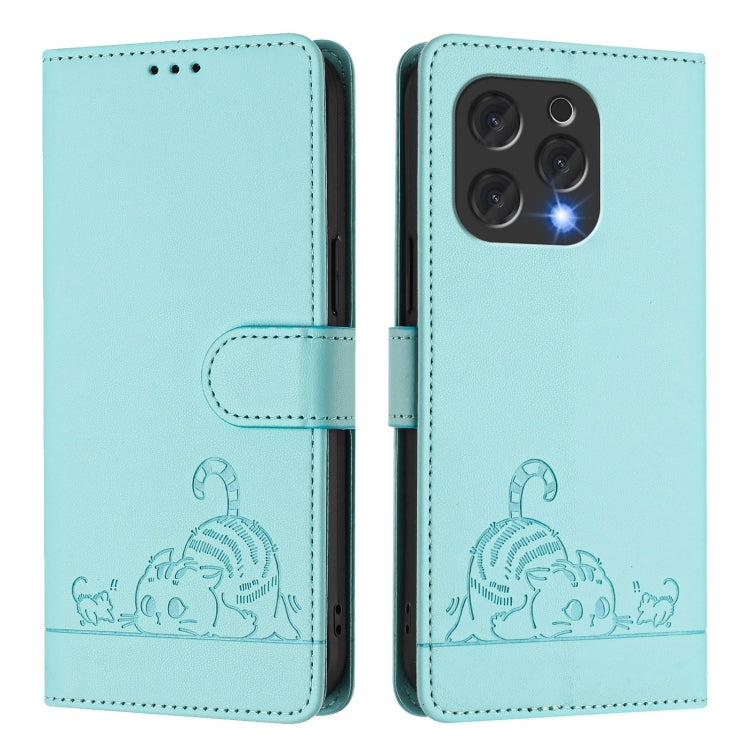 For Doogee N55 Plus Cat Rat Embossed Pattern RFID Leather Phone Case with Lanyard