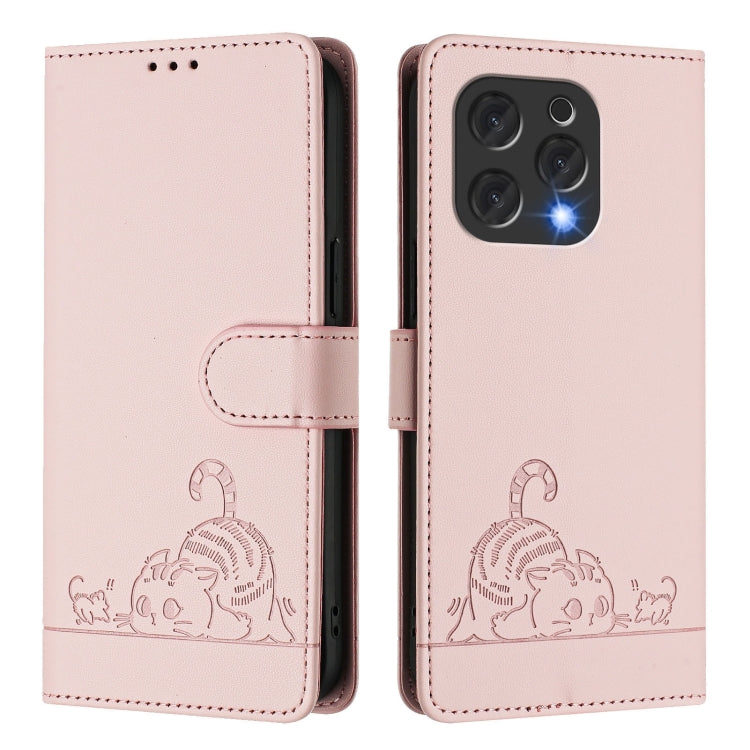 For Doogee N55 Plus Cat Rat Embossed Pattern RFID Leather Phone Case with Lanyard