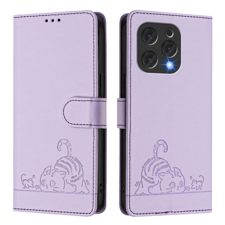 For Doogee N55 Plus Cat Rat Embossed Pattern RFID Leather Phone Case with Lanyard