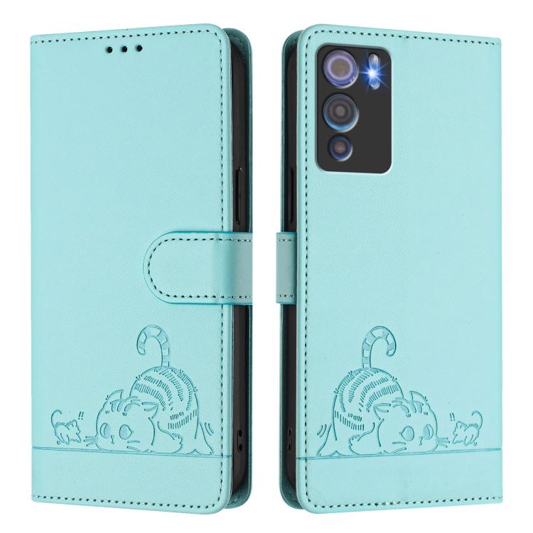 For Doogee N60 Pro Cat Rat Embossed Pattern RFID Leather Phone Case with Lanyard