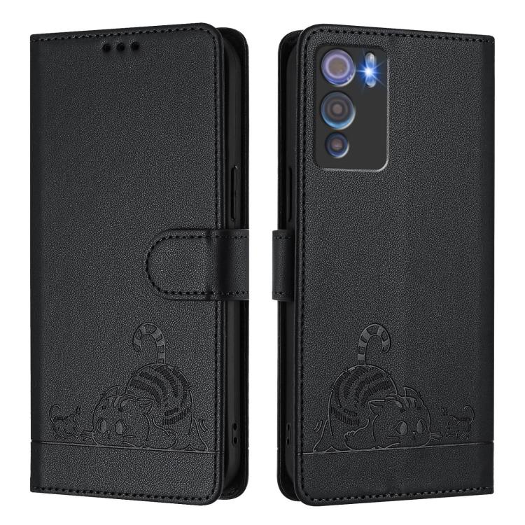 For Doogee N60 Pro Cat Rat Embossed Pattern RFID Leather Phone Case with Lanyard