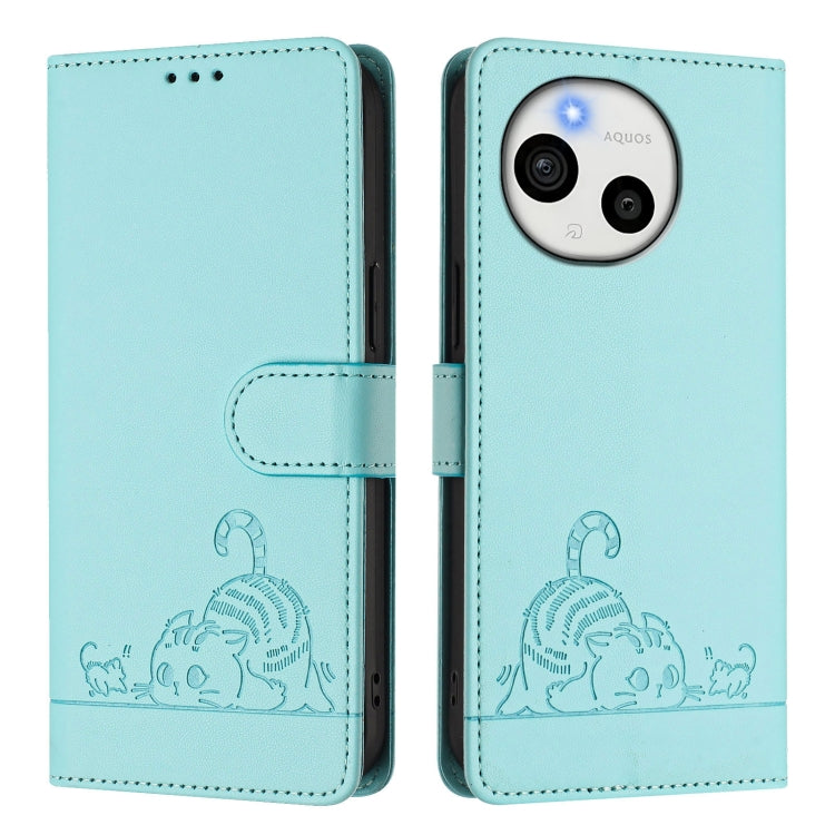For Sharp Aquos Sense9 Cat Rat Embossed Pattern RFID Leather Phone Case with Lanyard