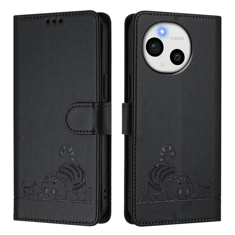 For Sharp Aquos Sense9 Cat Rat Embossed Pattern RFID Leather Phone Case with Lanyard