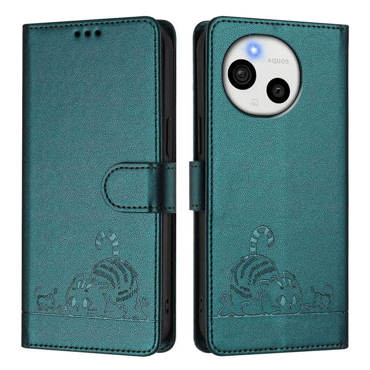 For Sharp Aquos Sense9 Cat Rat Embossed Pattern RFID Leather Phone Case with Lanyard