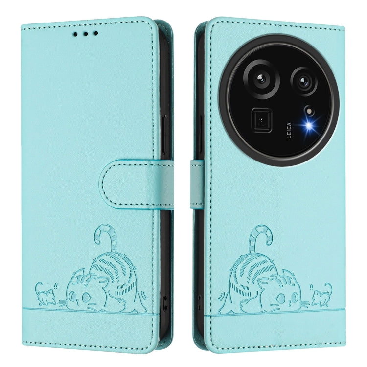 For Sharp Aquos R9 Pro Cat Rat Embossed Pattern RFID Leather Phone Case with Lanyard