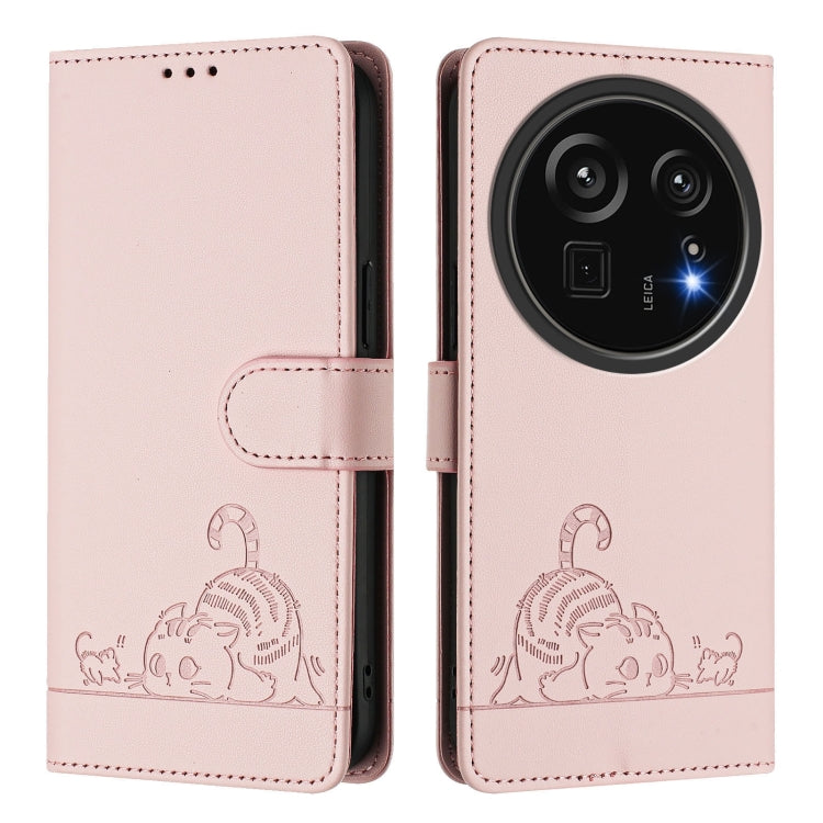 For Sharp Aquos R9 Pro Cat Rat Embossed Pattern RFID Leather Phone Case with Lanyard