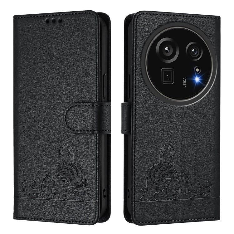 For Sharp Aquos R9 Pro Cat Rat Embossed Pattern RFID Leather Phone Case with Lanyard