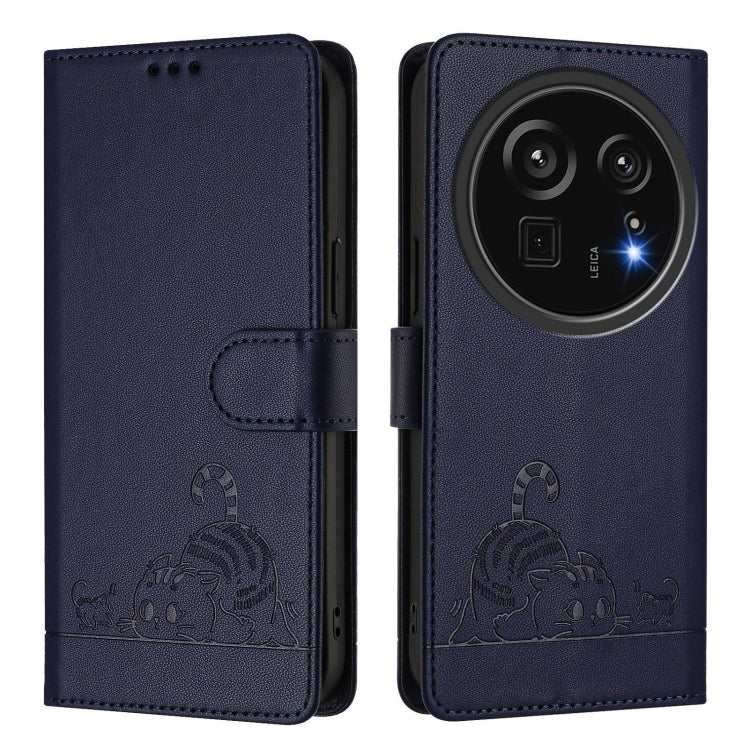 For Sharp Aquos R9 Pro Cat Rat Embossed Pattern RFID Leather Phone Case with Lanyard