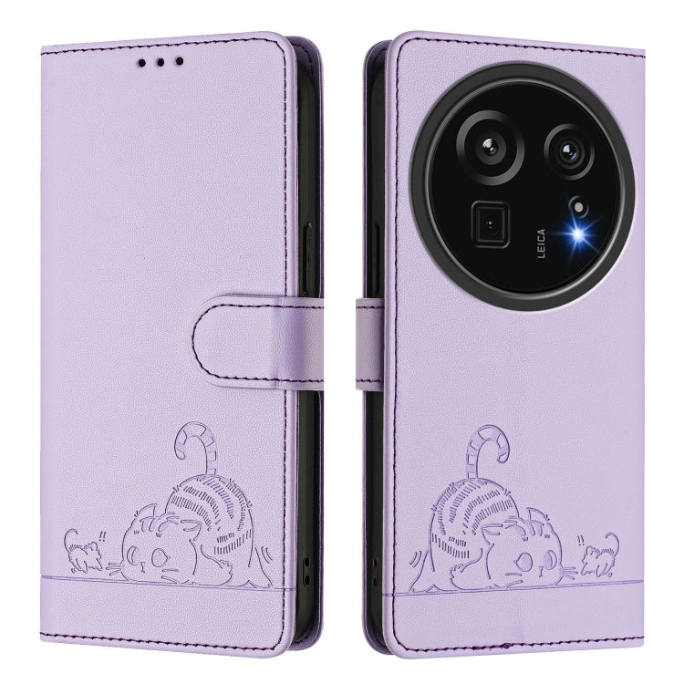 For Sharp Aquos R9 Pro Cat Rat Embossed Pattern RFID Leather Phone Case with Lanyard