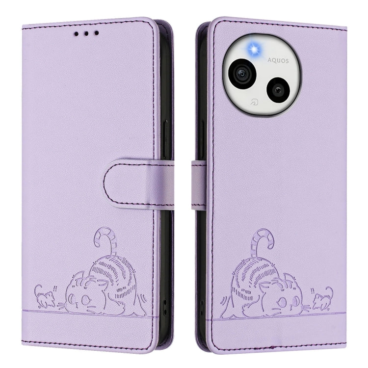 For Sharp Aquos Sense9 Plus Cat Rat Embossed Pattern RFID Leather Phone Case with Lanyard