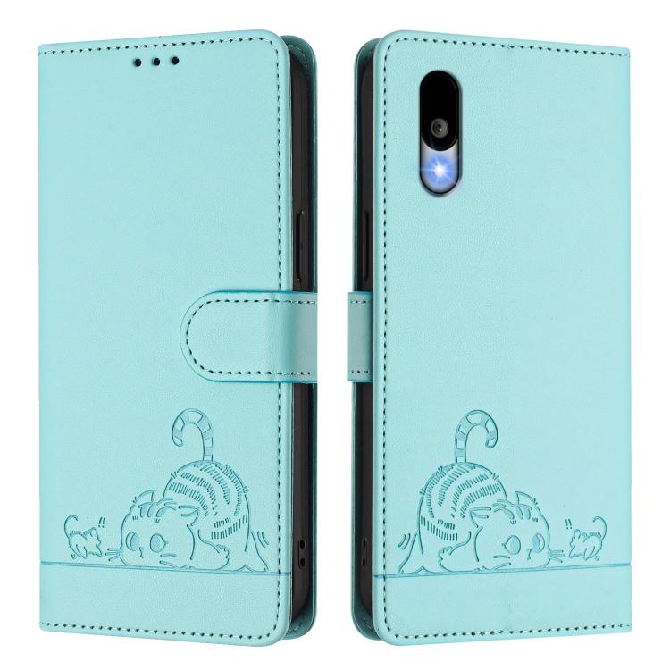 For Sharp Basio Active 3 Cat Rat Embossed Pattern RFID Leather Phone Case with Lanyard