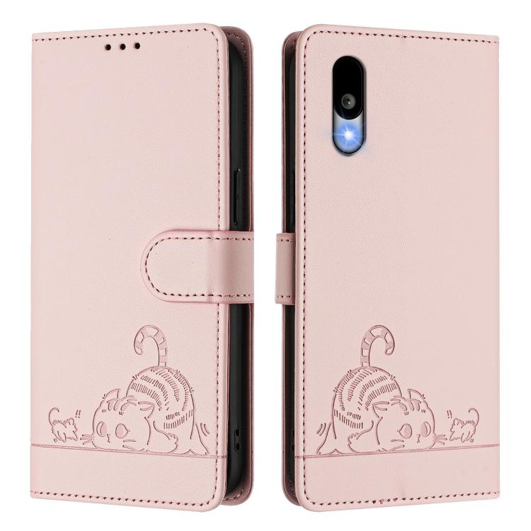 For Sharp Basio Active 3 Cat Rat Embossed Pattern RFID Leather Phone Case with Lanyard