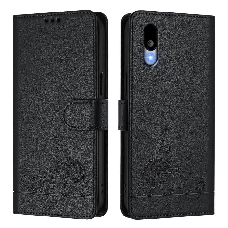 For Sharp Basio Active 3 Cat Rat Embossed Pattern RFID Leather Phone Case with Lanyard