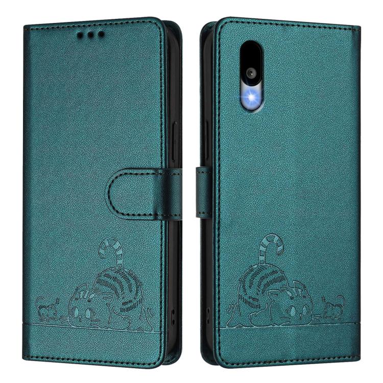 For Sharp Basio Active 3 Cat Rat Embossed Pattern RFID Leather Phone Case with Lanyard