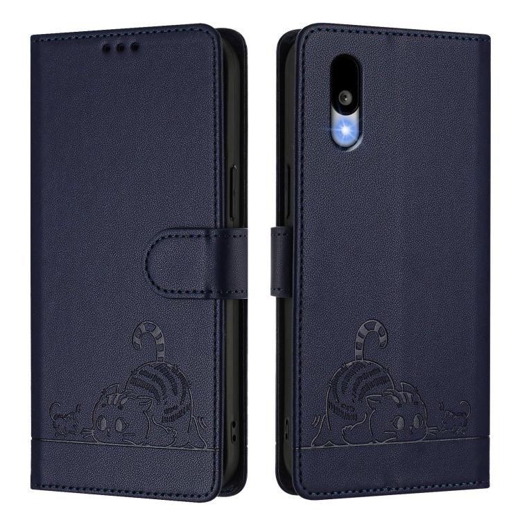 For Sharp Basio Active 3 Cat Rat Embossed Pattern RFID Leather Phone Case with Lanyard