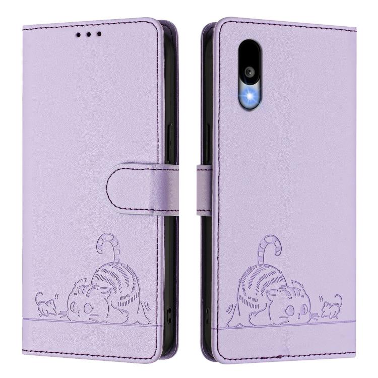 For Sharp Basio Active 3 Cat Rat Embossed Pattern RFID Leather Phone Case with Lanyard