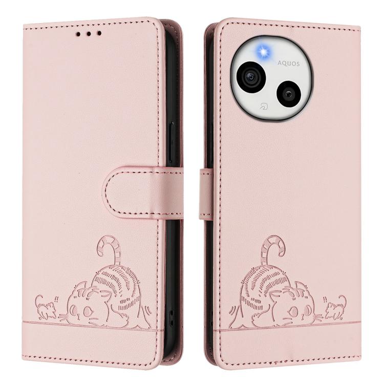 For Sharp Aquos Sense10 Cat Rat Embossed Pattern RFID Leather Phone Case with Lanyard