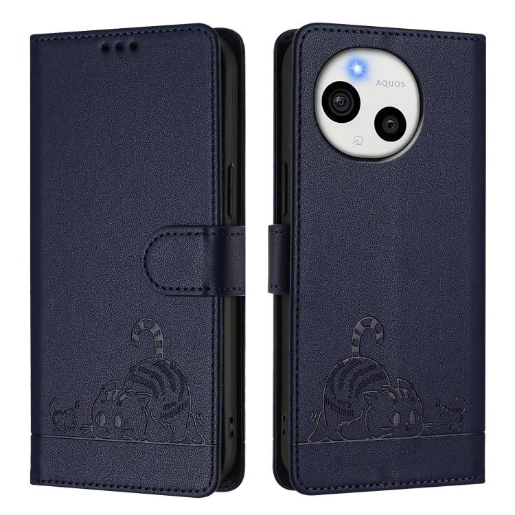For Sharp Aquos Sense10 Cat Rat Embossed Pattern RFID Leather Phone Case with Lanyard
