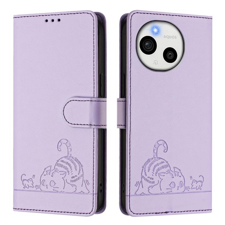 For Sharp Aquos Sense10 Cat Rat Embossed Pattern RFID Leather Phone Case with Lanyard