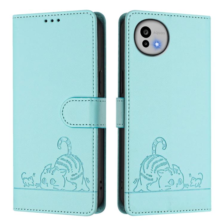 For Sharp Aquos wish6 Cat Rat Embossed Pattern RFID Leather Phone Case with Lanyard