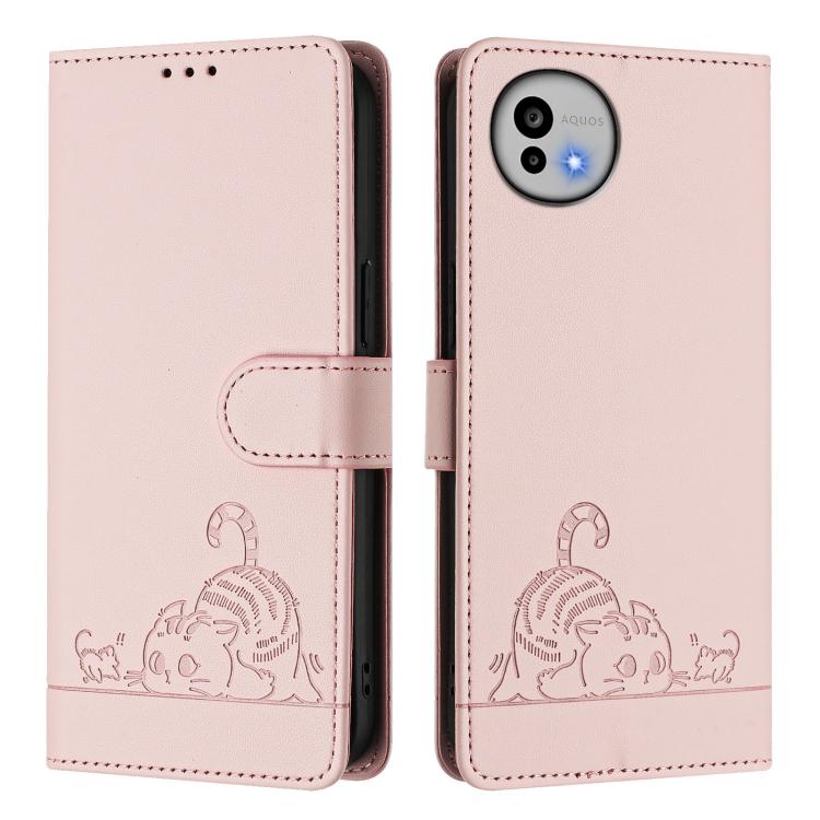 For Sharp Aquos wish6 Cat Rat Embossed Pattern RFID Leather Phone Case with Lanyard