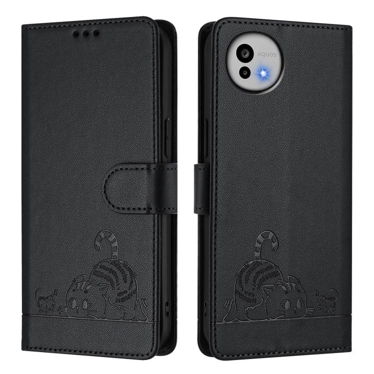 For Sharp Aquos wish6 Cat Rat Embossed Pattern RFID Leather Phone Case with Lanyard