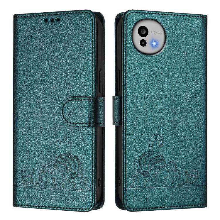 For Sharp Aquos wish6 Cat Rat Embossed Pattern RFID Leather Phone Case with Lanyard