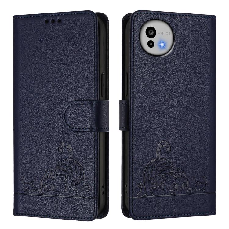 For Sharp Aquos wish6 Cat Rat Embossed Pattern RFID Leather Phone Case with Lanyard