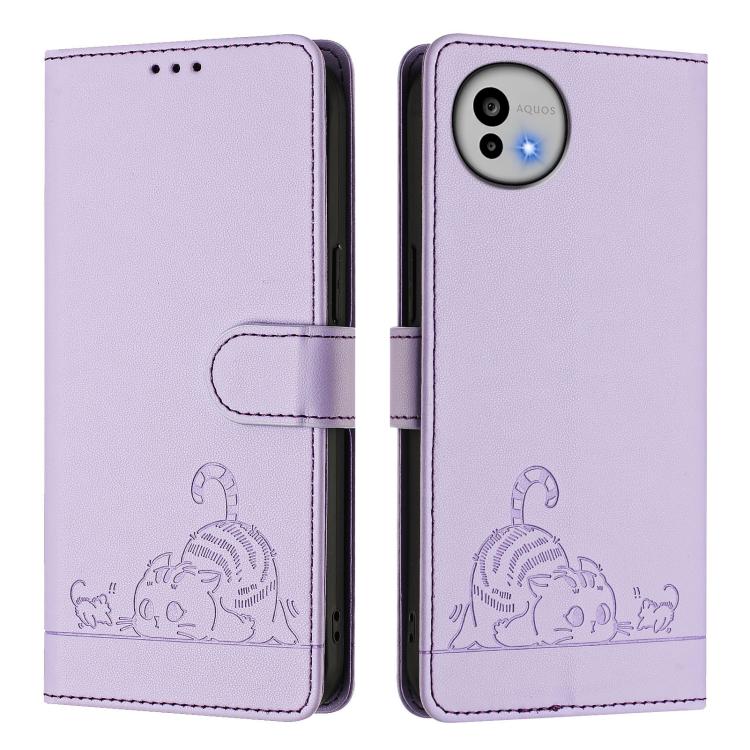 For Sharp Aquos wish6 Cat Rat Embossed Pattern RFID Leather Phone Case with Lanyard