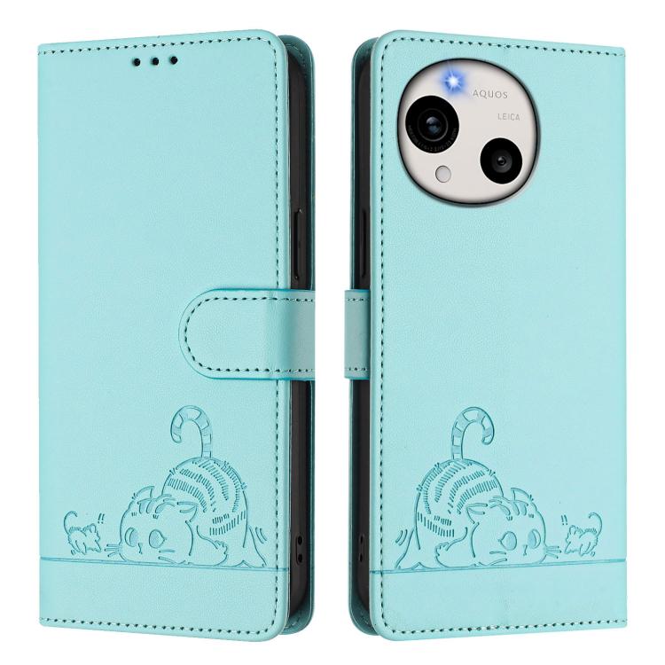 For Sharp Aquos R11 Cat Rat Embossed Pattern RFID Leather Phone Case with Lanyard