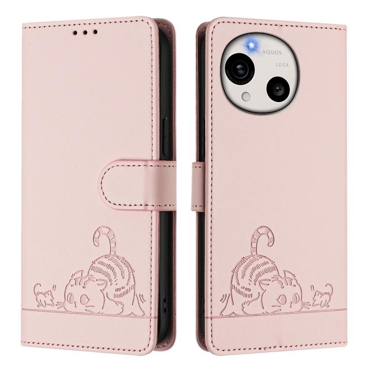 For Sharp Aquos R11 Cat Rat Embossed Pattern RFID Leather Phone Case with Lanyard