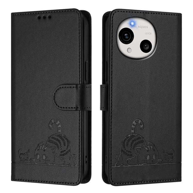 For Sharp Aquos R11 Cat Rat Embossed Pattern RFID Leather Phone Case with Lanyard