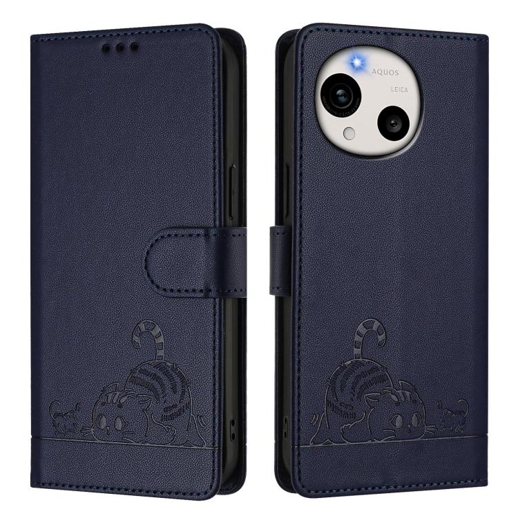 For Sharp Aquos R11 Cat Rat Embossed Pattern RFID Leather Phone Case with Lanyard