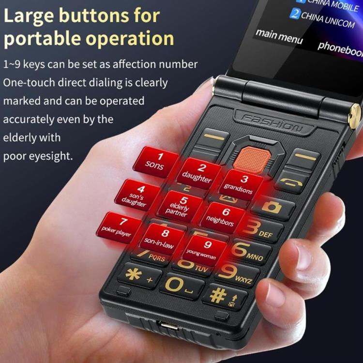 M7+ 4G Dual Screen Flip Elder Rugged Phone, 2.8 inch Inner, 2.4 inch Outer, 6800mAh Battery, 24 Keys, Flashlight, Network: 4G, Dual SIM, SOS, Plug:EU Plug