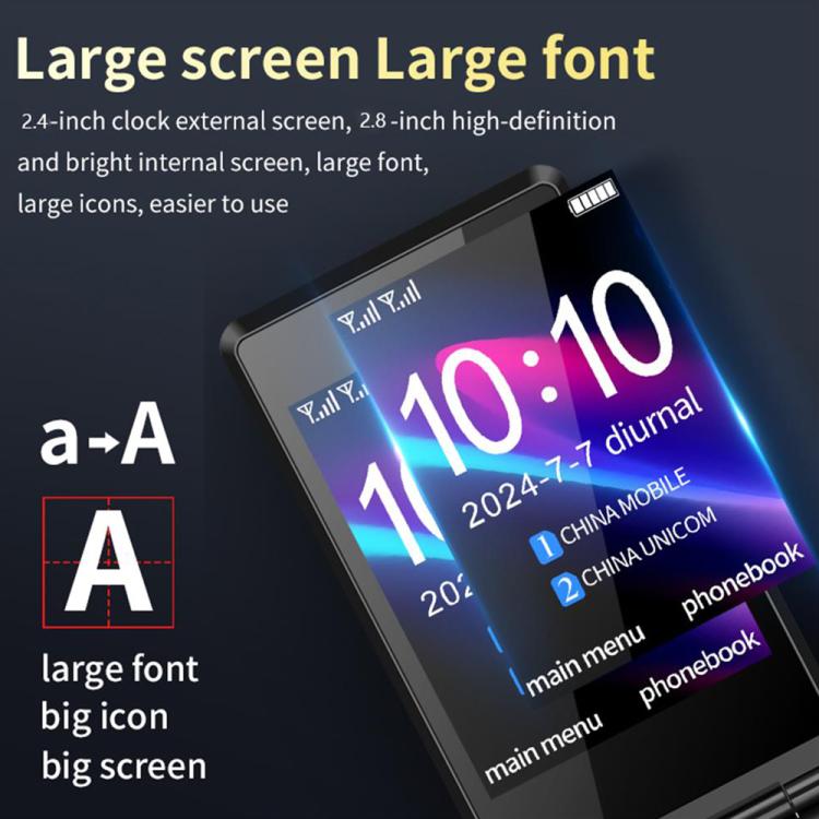 M7+ 4G Dual Screen Flip Elder Rugged Phone, 2.8 inch Inner, 2.4 inch Outer, 6800mAh Battery, 24 Keys, Flashlight, Network: 4G, Dual SIM, SOS, Plug:US Plug