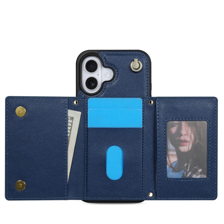 For iPhone 16 Three Fold Card Bag Phone Case with Long Lanyard