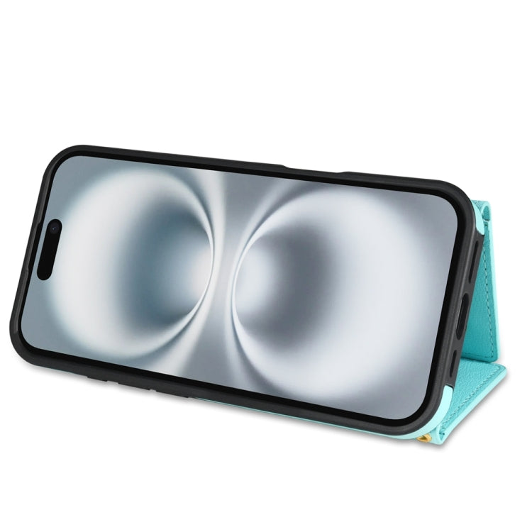 For iPhone 16 Plus Three Fold Card Bag Phone Case with Long Lanyard