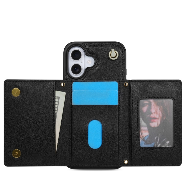 For iPhone 16 Plus Three Fold Card Bag Phone Case with Long Lanyard
