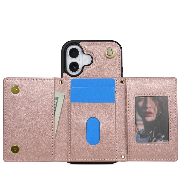 For iPhone 16 Plus Three Fold Card Bag Phone Case with Long Lanyard