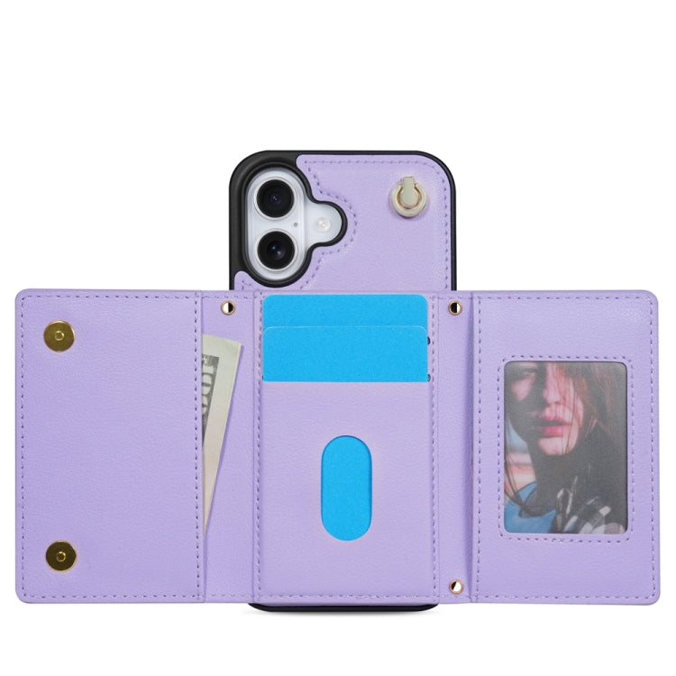 For iPhone 16 Plus Three Fold Card Bag Phone Case with Long Lanyard