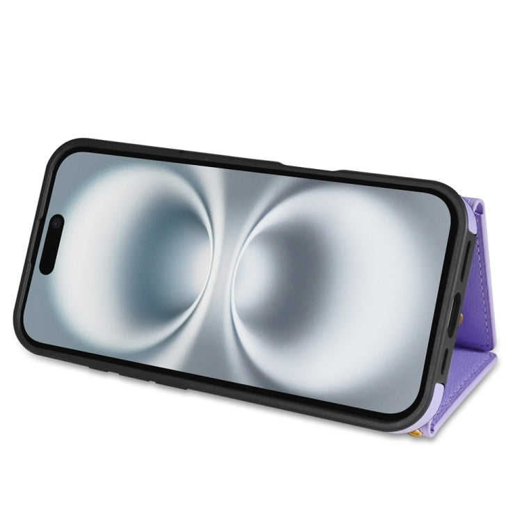 For iPhone 16 Plus Three Fold Card Bag Phone Case with Long Lanyard