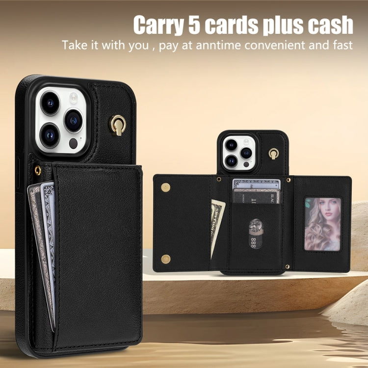For iPhone 15 Pro Three Fold Card Bag Phone Case with Long Lanyard