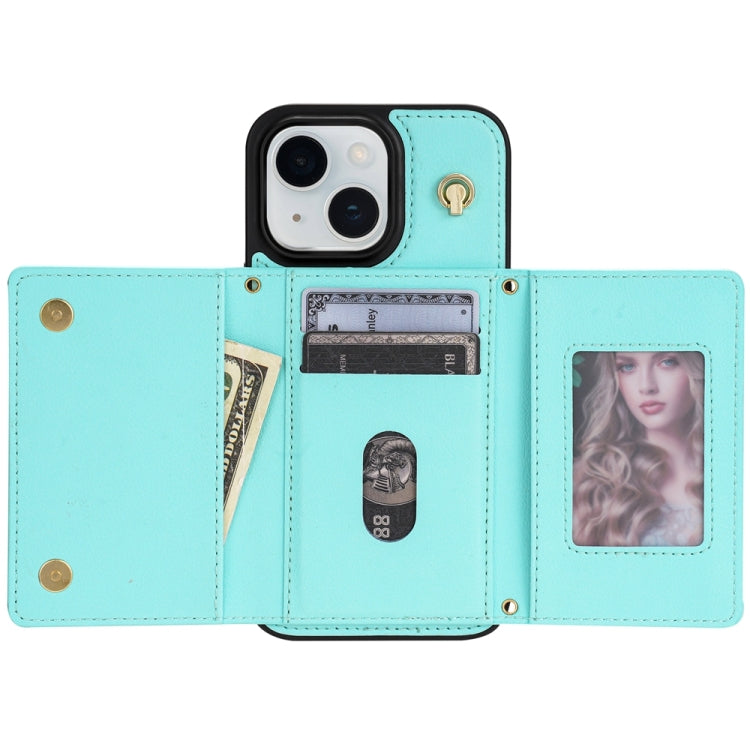 For iPhone 15 Plus Three Fold Card Bag Phone Case with Long Lanyard